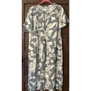 Logo Gray White Floral Print Midi Dress Pleated Front Modest Pockets Sz L
